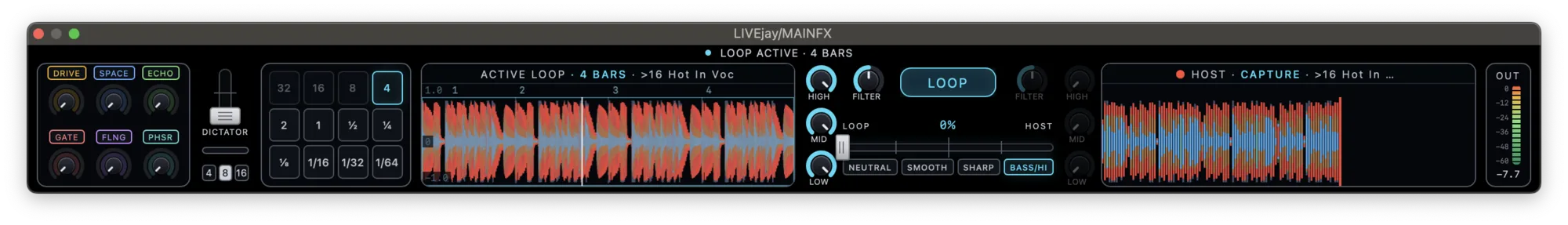 The LIVEjay plugin in compact mode: six effect macros, the Dictator fader, the beat-loop ladder, the active loop waveform, the LOOP button, the loop-to-host crossfader and the rolling host capture buffer